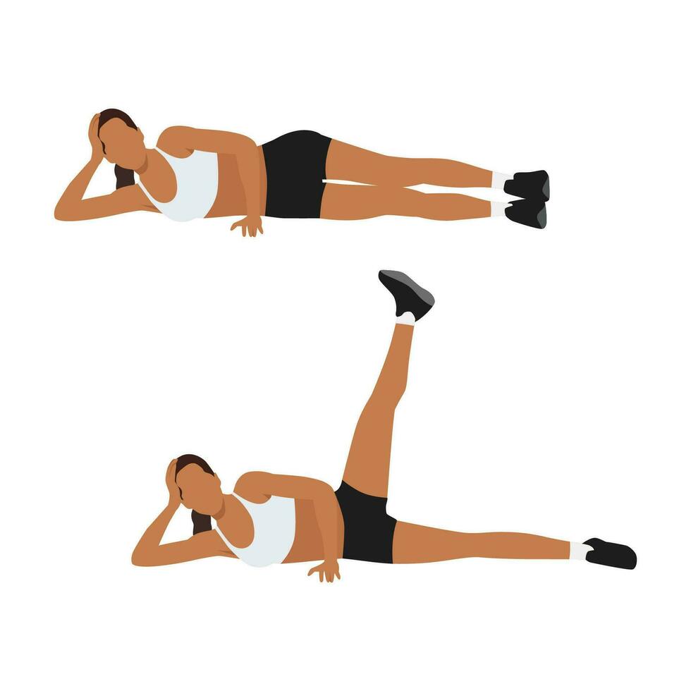 Woman doing Lying side hip abduction exercise. Flat vector illustration isolated on white background