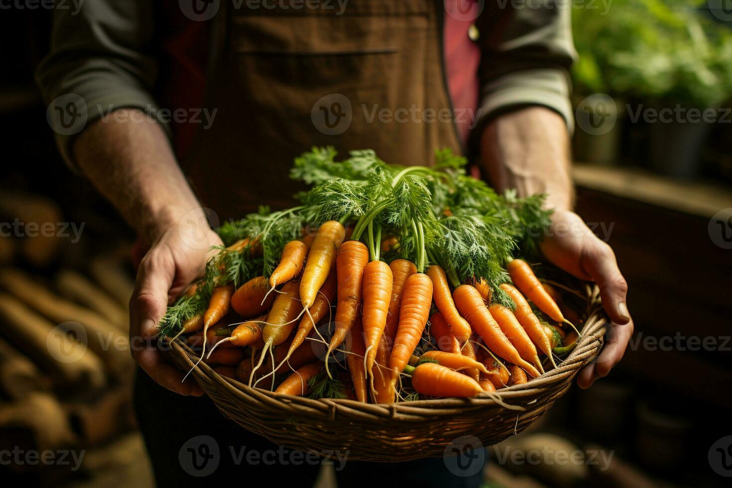 framer is holding a basket of Carrots.Health food, diet concept.Created with Generative AI technology. photo