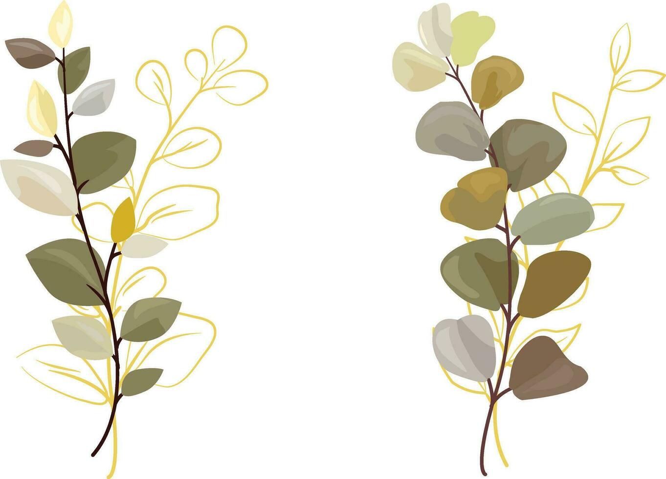 Wedding bouquet of green and gold tropical leaves isolated on white background. Botanical art design vector