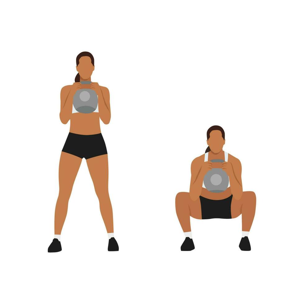 mujer haciendo pesas rusas copa ponerse en cuclillas frente ver ejercicio. plano vector ilustración aislado en blanco antecedentes. rutina de ejercicio personaje conjunto