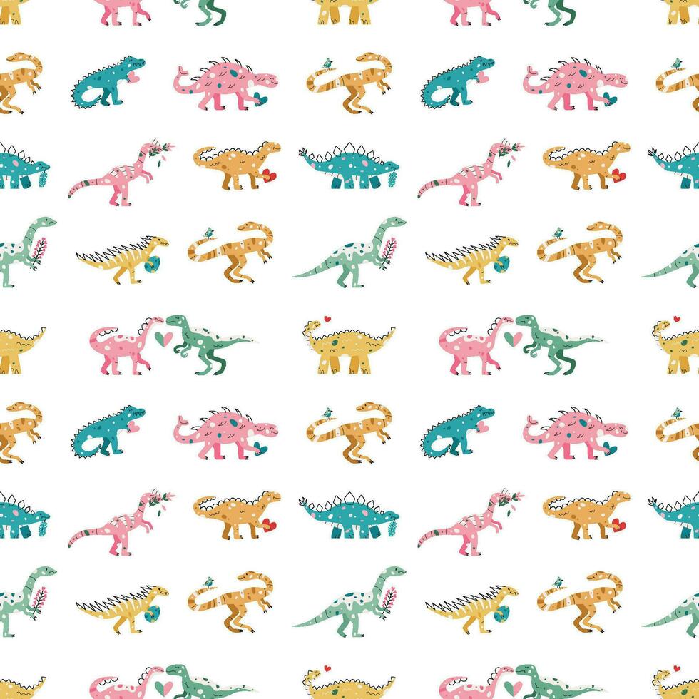 Vector seamless pattern with dinosaur flower egg and heart