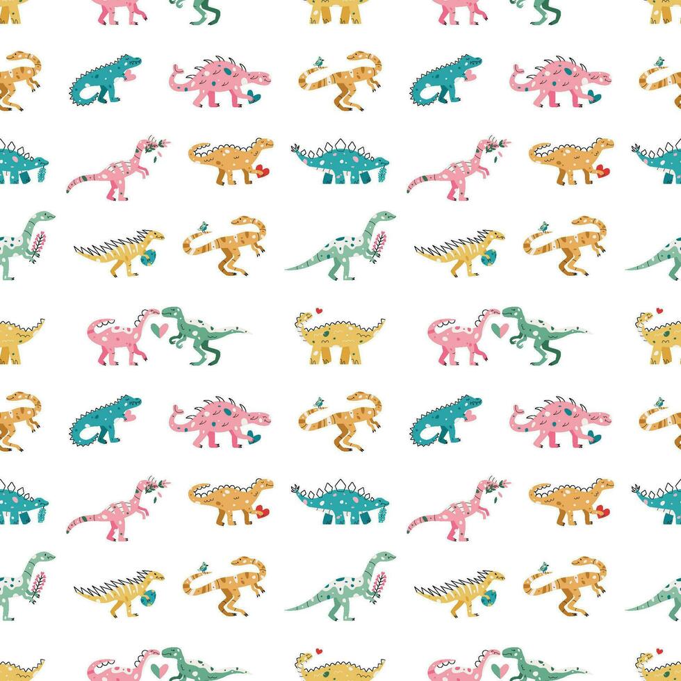 Vector seamless pattern with dinosaur flower egg and heart