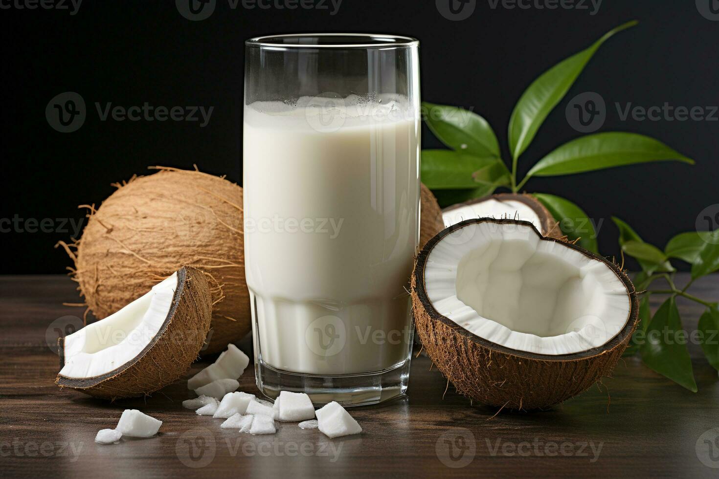 Fresh coconut milk with coconut .Health food, diet concept.Created with Generative AI technology. photo
