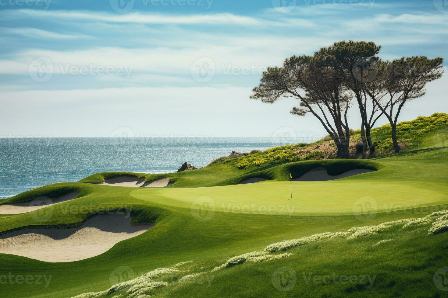 Beautiful golf course with sand bunkers with blue sky. Created with Generative AI technology. photo