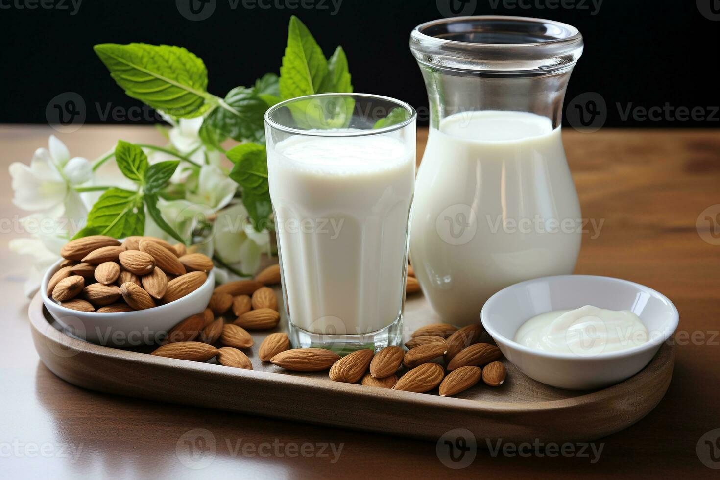 Almond milk in glass with almonds.Health food concept.Created with Generative AI technology. photo