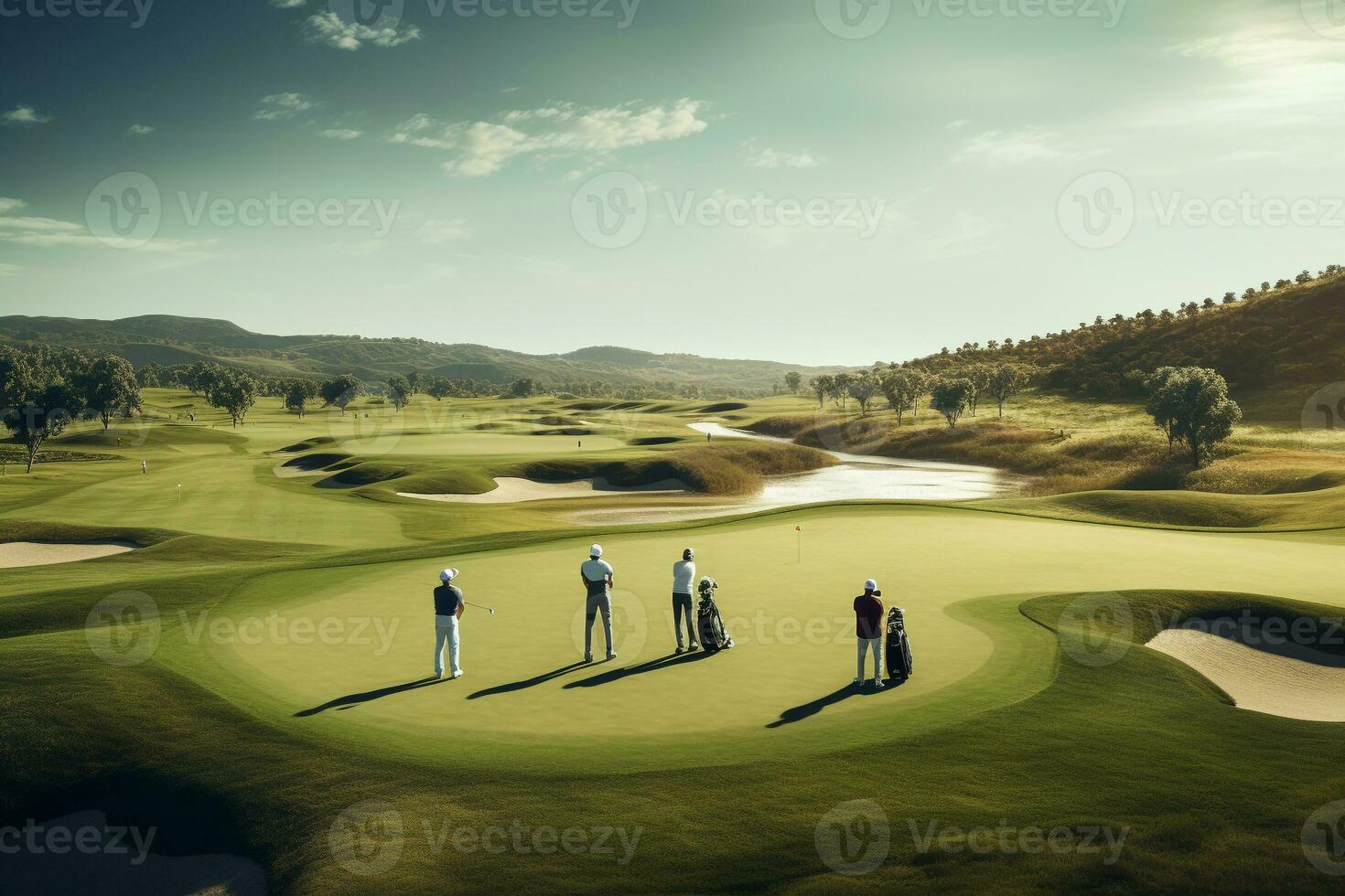 Golf player playing a golf game with beautiful golf course. Created with Generative AI technology. photo