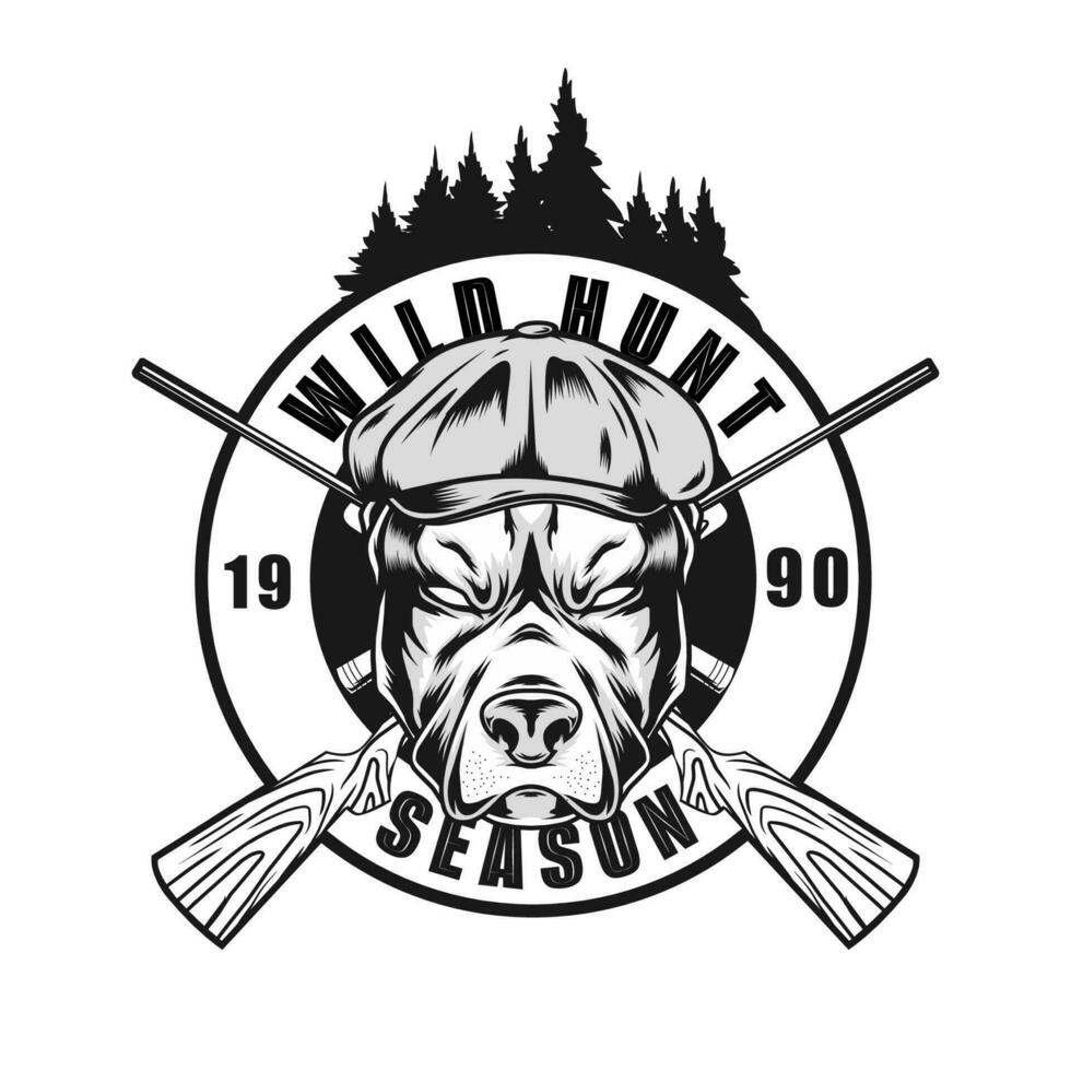 wild hunt emblem with dog drawing vector
