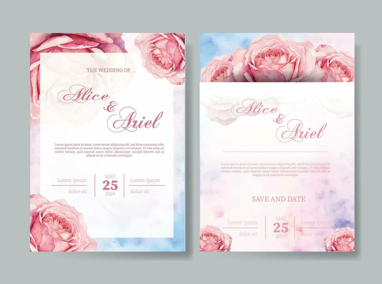 juego de tarjeta con flor rosa, hojas. concepto de adorno de boda. cartel floral, invitar. vector de tarjeta de felicitación decorativa o fondo de diseño de invitación