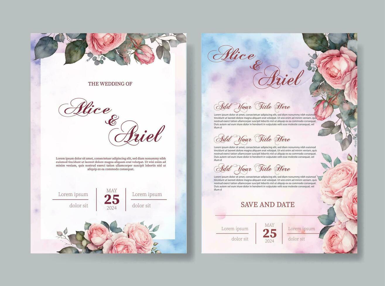 juego de tarjeta con flor rosa, hojas. concepto de adorno de boda. cartel floral, invitar. vector de tarjeta de felicitación decorativa o fondo de diseño de invitación