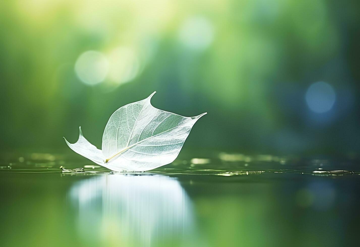 White transparent leaf on mirror surface with reflection on green background macro. Generative AI photo