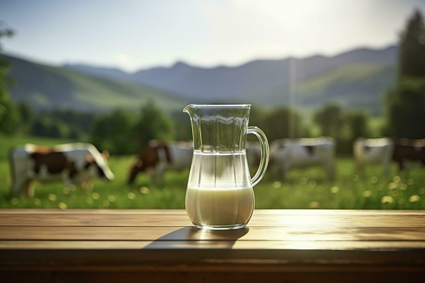 Glass pitcher with fresh milk on a wooden table. AI Generated photo