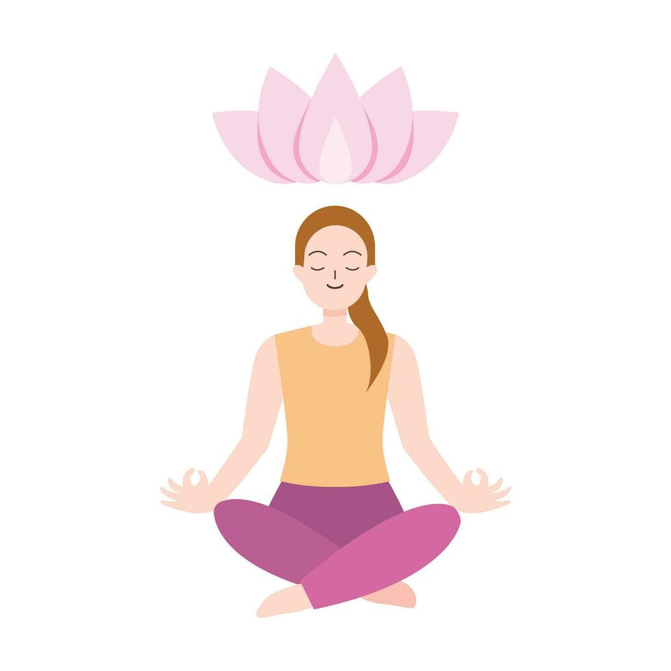 mujer o niña practicando meditación o haciendo yoga. atención plena y mental salud para ilustración vector