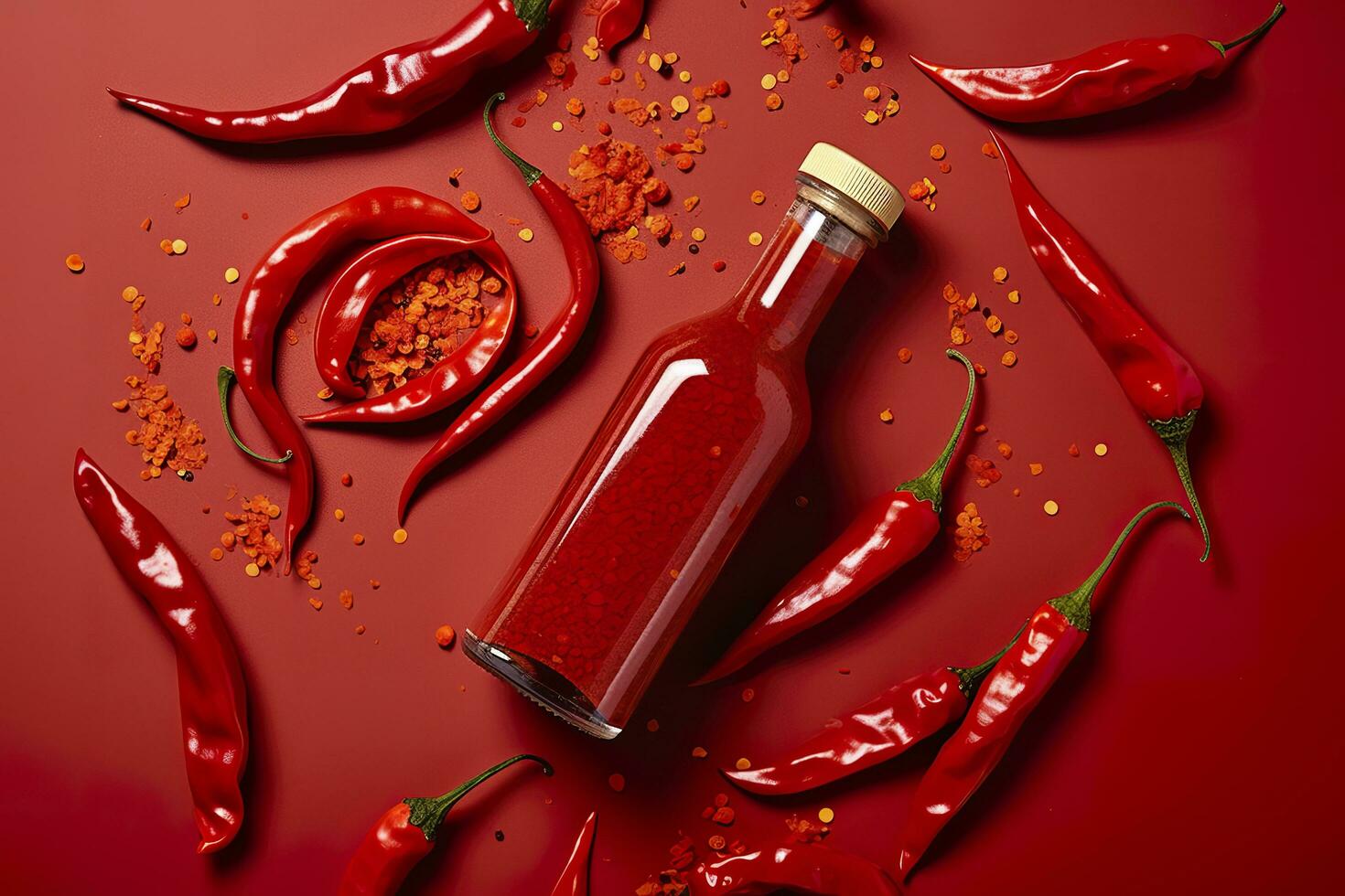 Tabasco hot pepper sauce with red chili pepper, flat lay. Generative AI photo