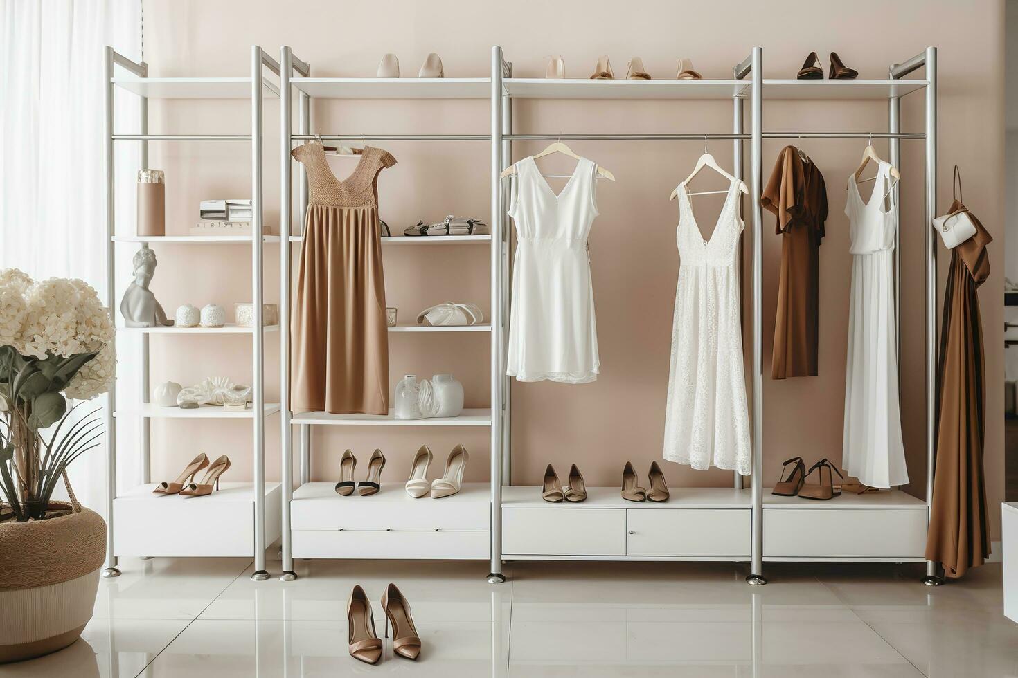Stylish female clothes and shoes in a boutique. Generative AI photo