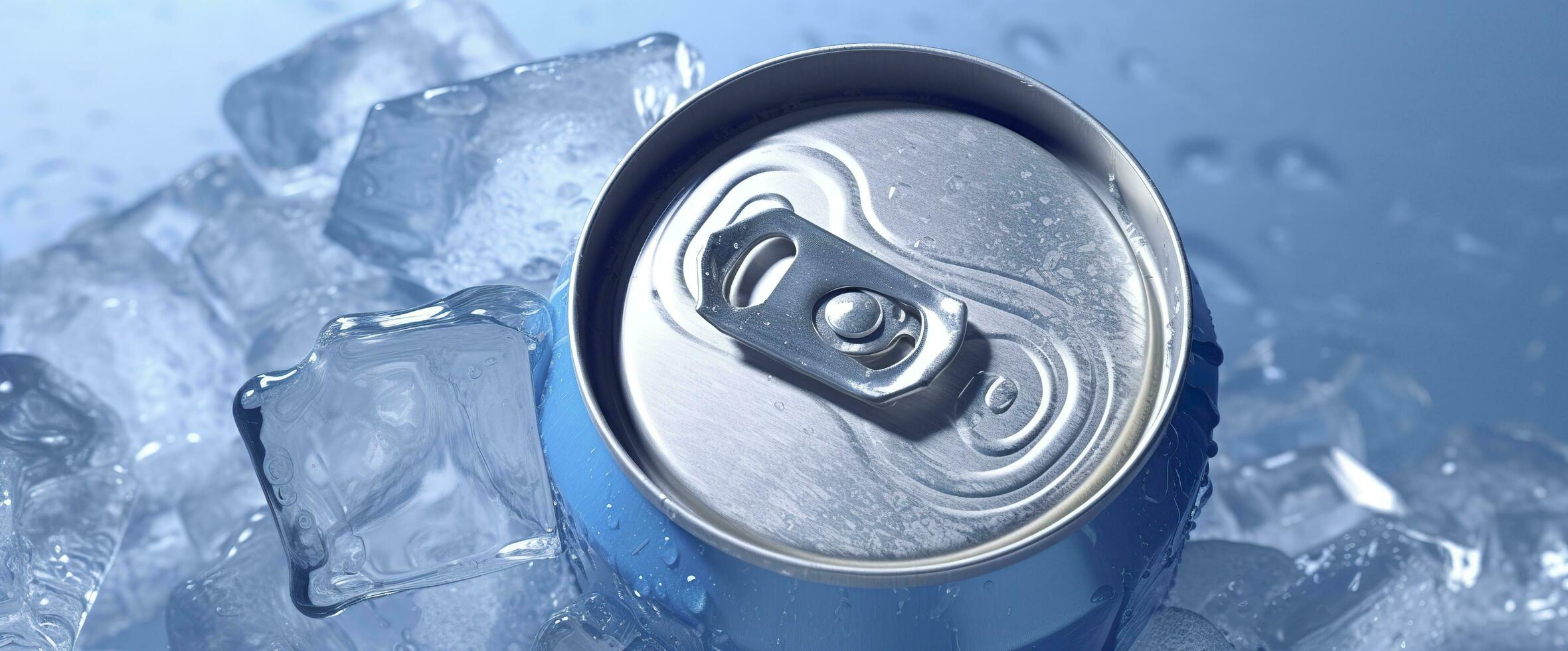 Top of drink tin can iced submerged in frost ice, metal aluminum beverage. Generative AI photo