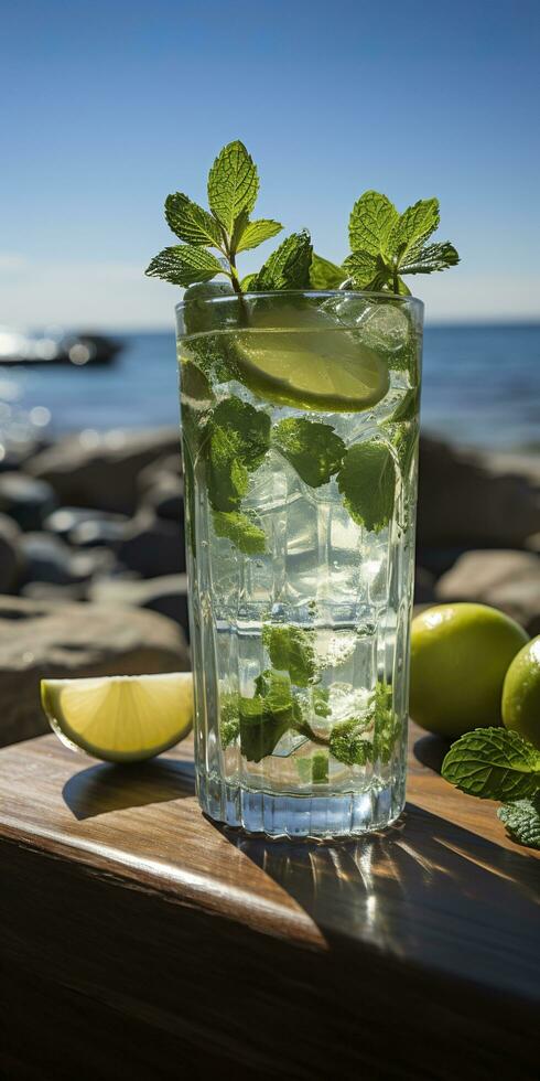 Stunning photo of cocktail mojito, a sunny summer beach in the background. Generative AI