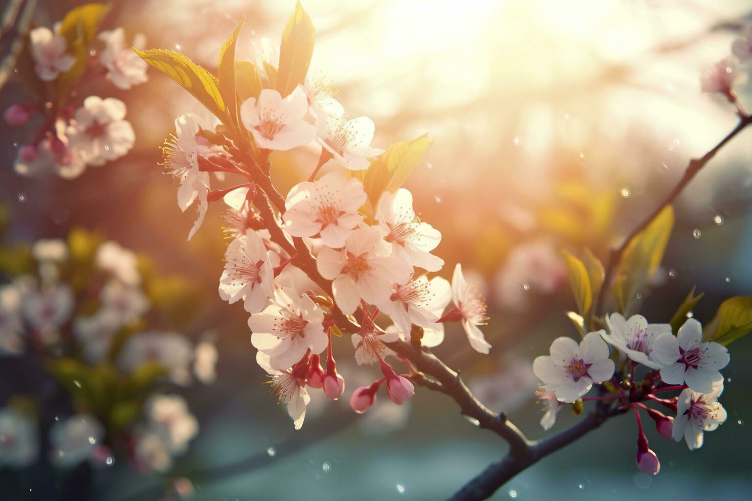 Spring blossom background. Nature scene with blooming tree and sun flare. Generative AI photo