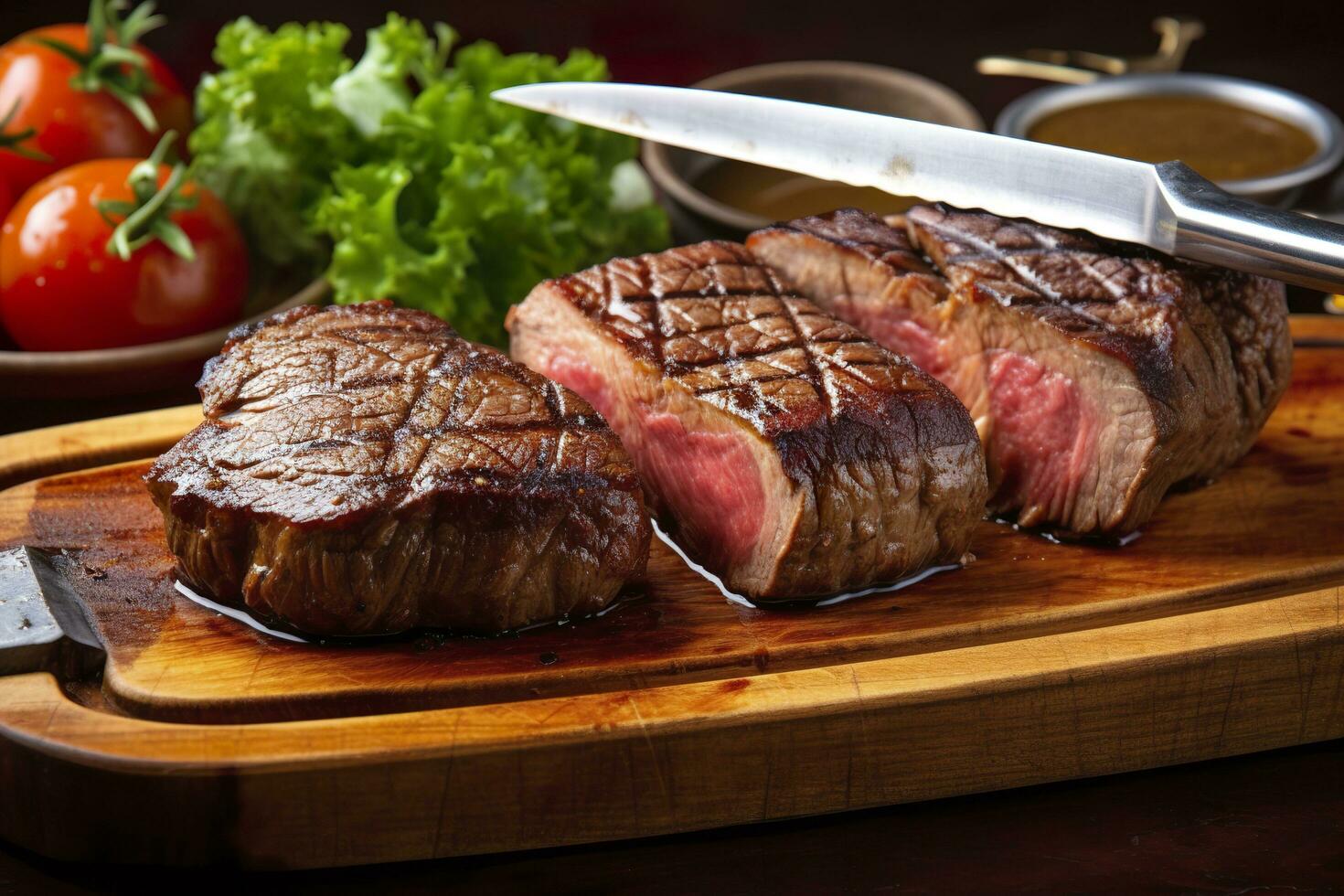 Steak rotisserie at the steakhouse, sliced picanha, Picanha. Generative AI photo