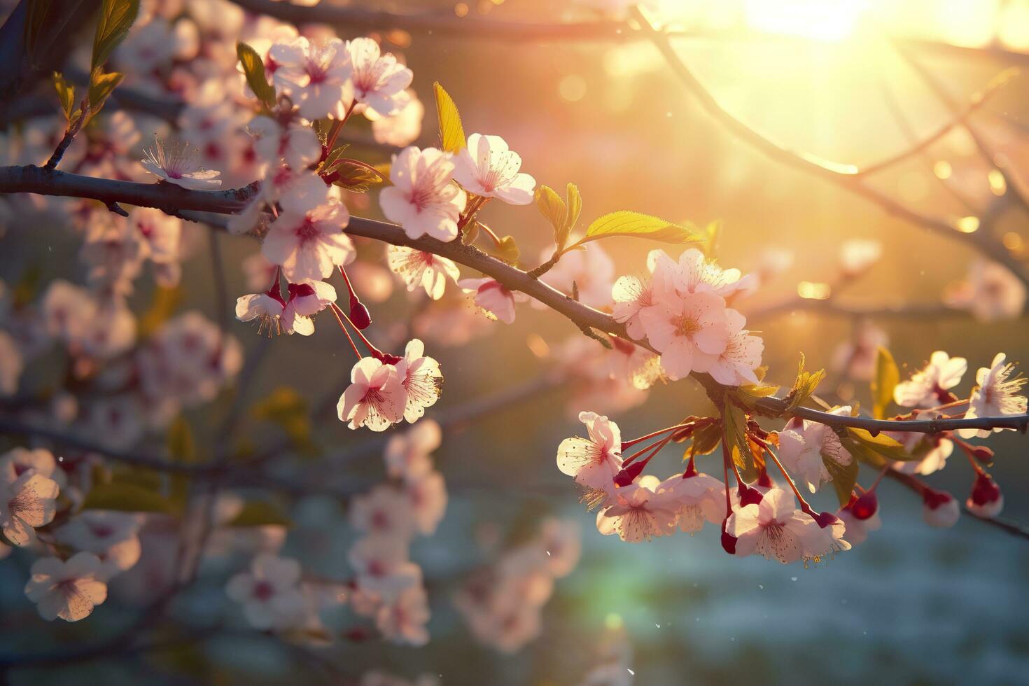 Spring blossom background. Nature scene with blooming tree and sun flare. Generative AI photo