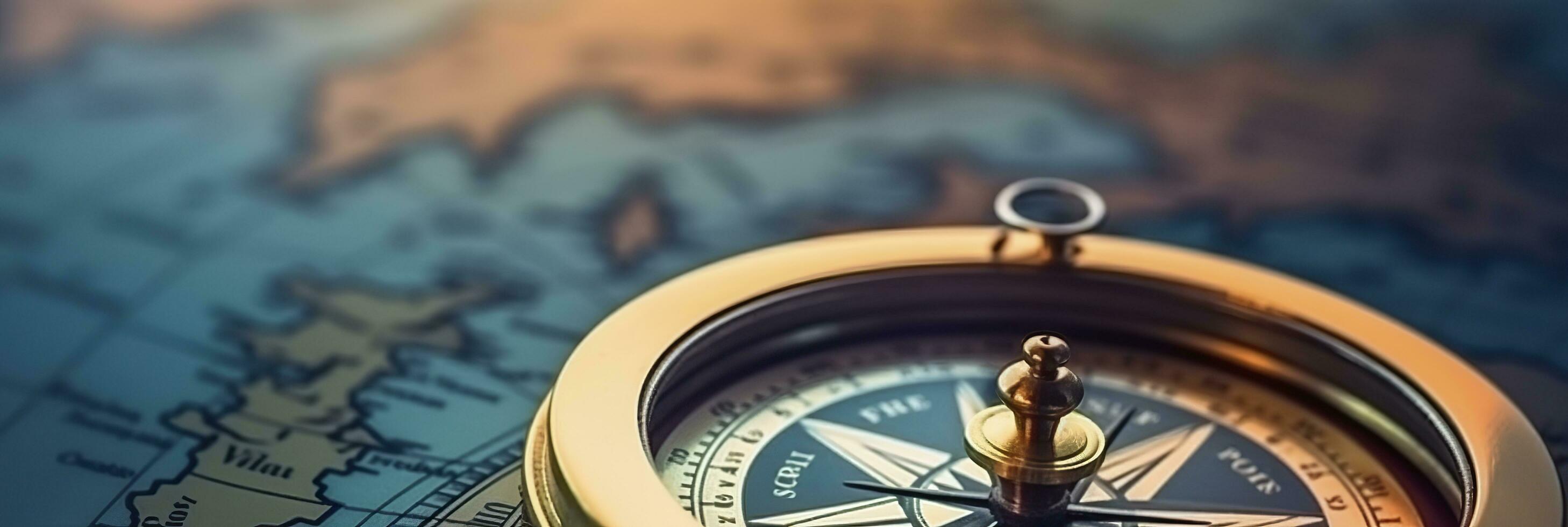 Magnetic compass and location marking with a pin on routes on world map. AI Generated photo