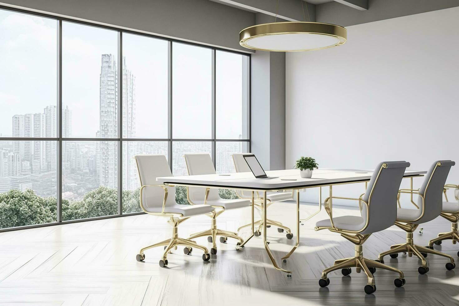 Perspective view on stylish white meeting table with golden legs and wheelchairs around on the wooden floor and white wall background. Generative AI photo