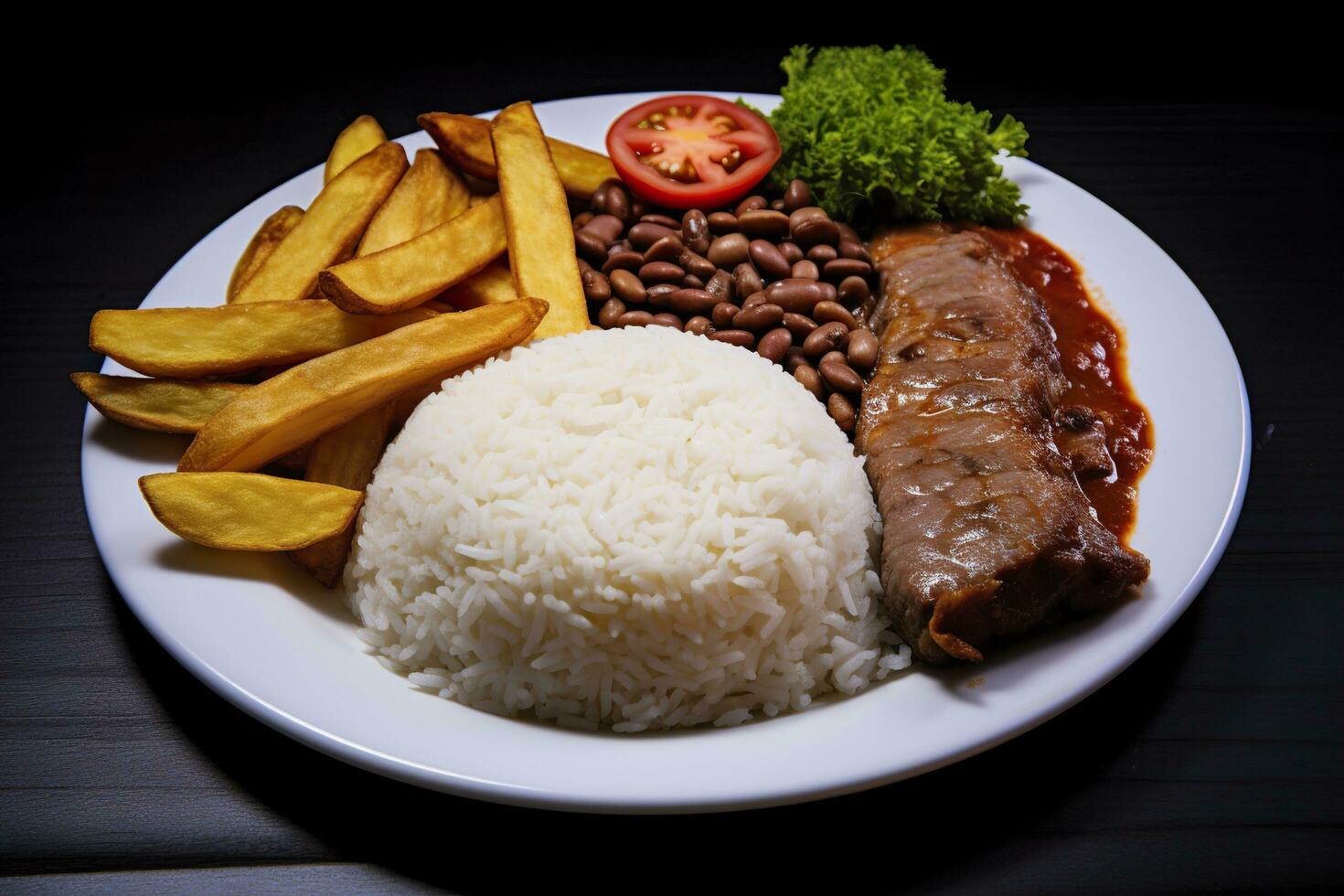 arroz, frijoles, francés papas fritas, y carne. generativo ai foto