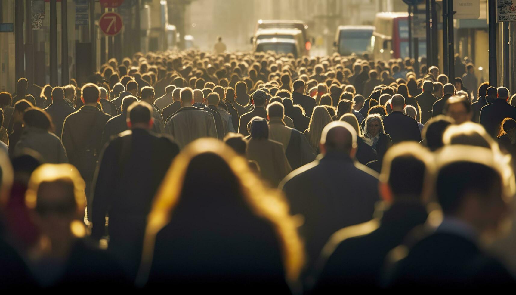 Crowd of people walking busy city street backlit. Generative AI photo