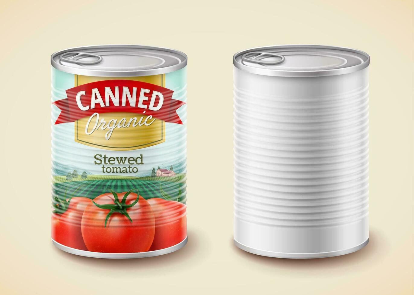 Canned stewed tomato package design in 3d illustration vector
