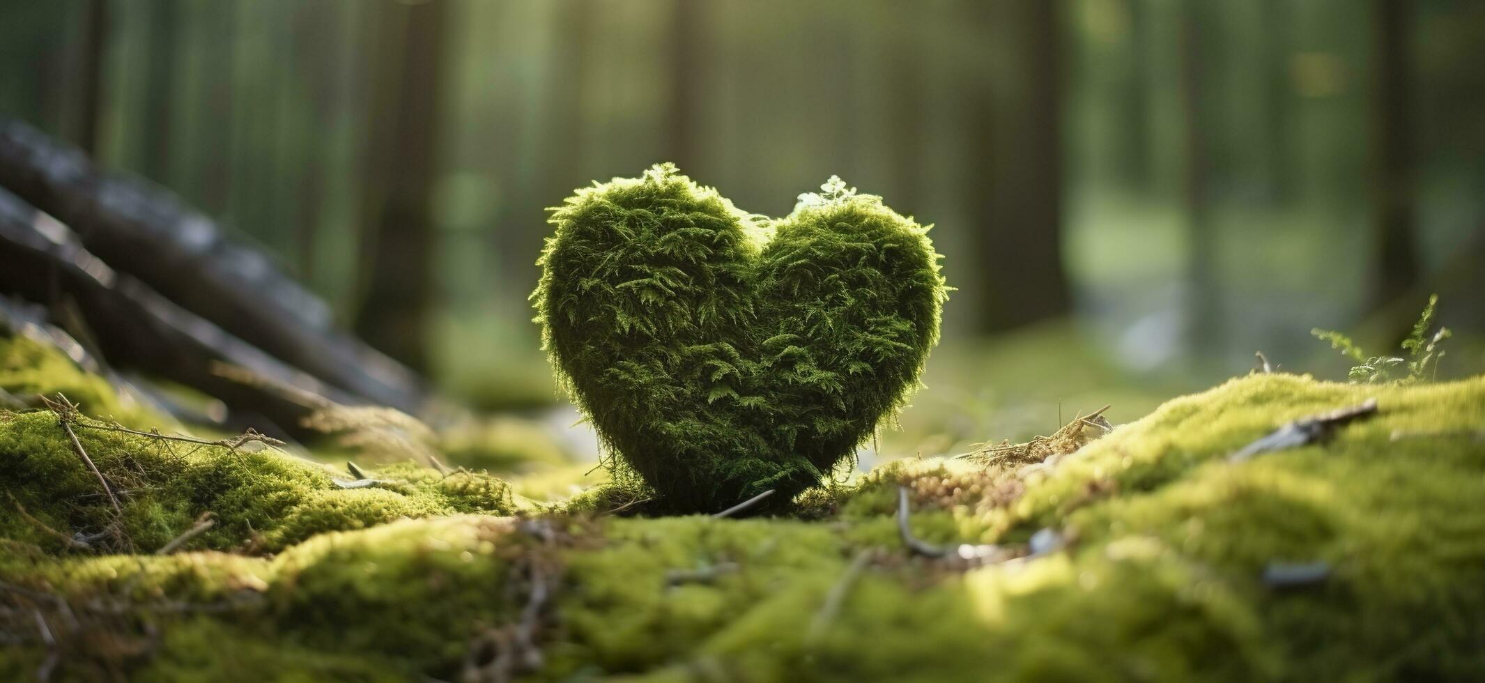 Closeup of wooden heart on moss. Natural burial grave in the woods. Generative AI photo