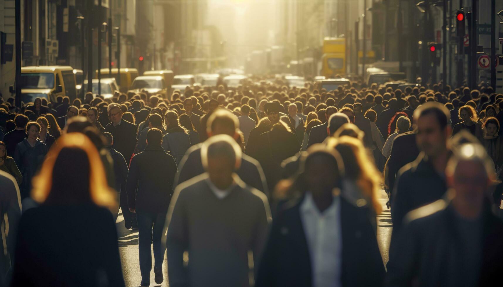 Crowd of people walking busy city street backlit. Generative AI photo