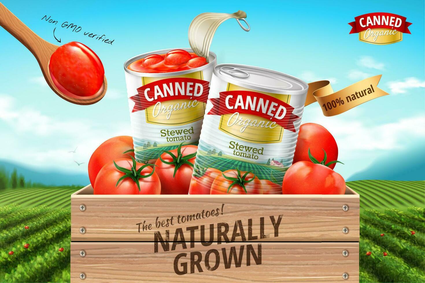 Canned tomato ads with fresh ingredients on green field background, 3d illustration vector