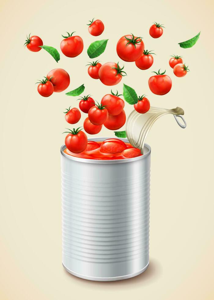 Canned stewed tomato with blank package in 3d illustration vector