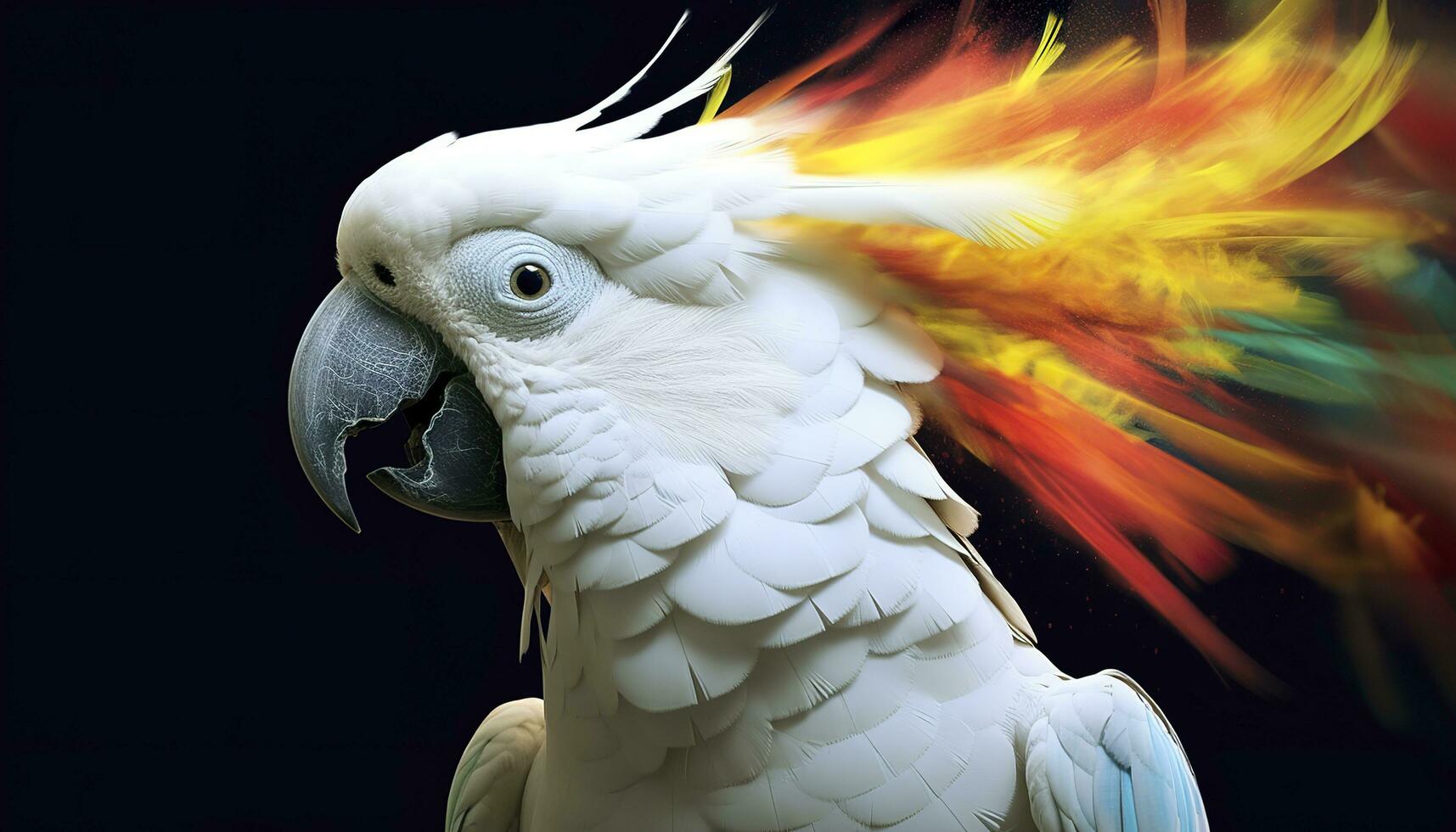 Digital photo manipulation of a white parrot. Generative AI