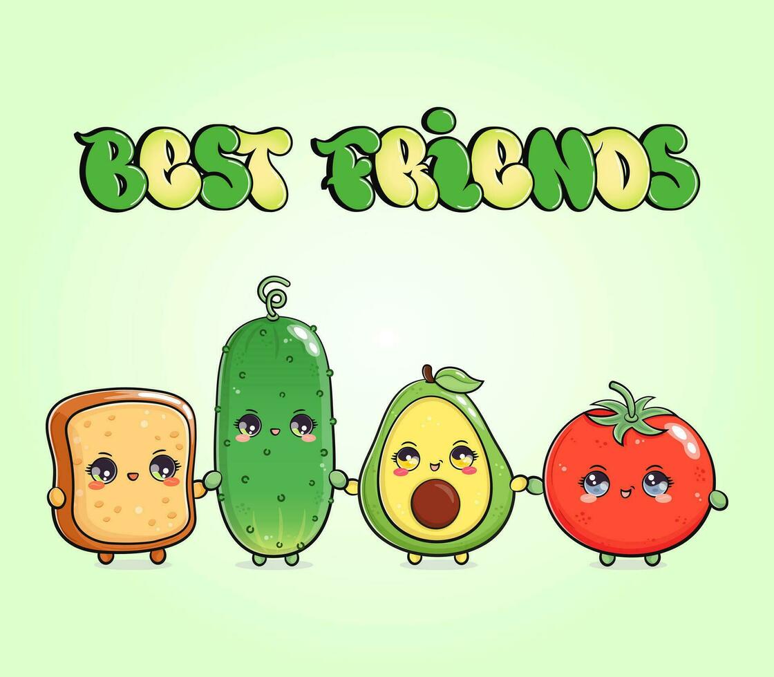 el sano sueño equipo tarjeta. aguacate un pan tomate y Pepino. vector mano dibujado garabatear estilo dibujos animados personaje ilustración icono diseño. contento aguacate un pan tomate Pepino amigos concepto tarjeta