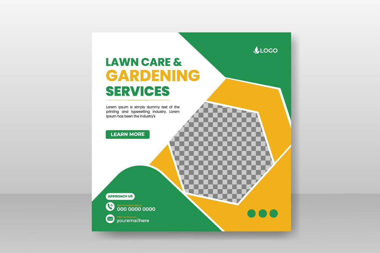 Organic food farming or lawn care and garden service social media post design template for multipurpose use with green gradient and yellow color or modern shape on white background vector