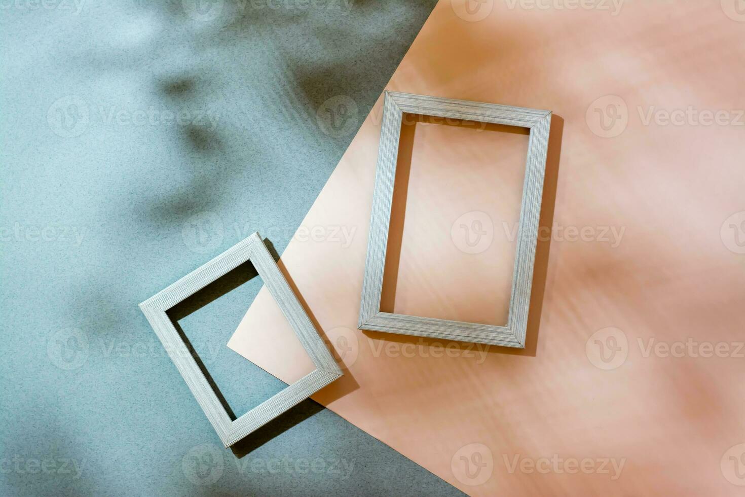 Modern abstract life style background cardboard and blank photo frames in soft shadows from the leaves. Top view. Place for text