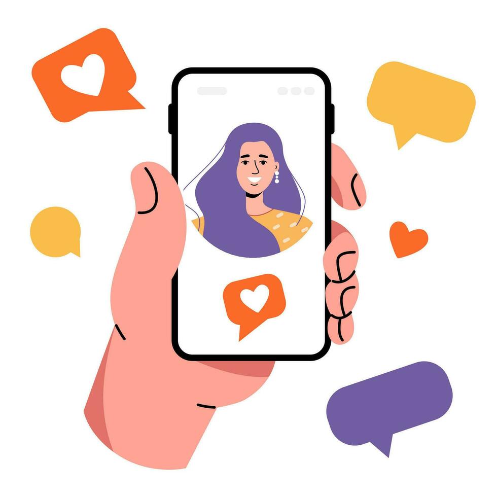 A human hand is holding a smartphone. Dating app. Assign a date to a girl. Message, correspondence, love vector