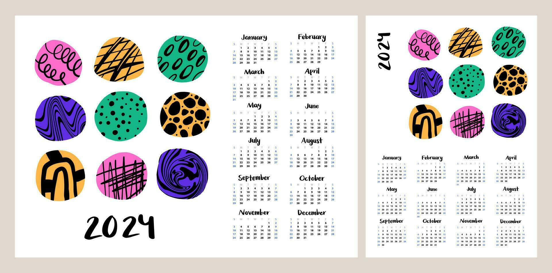 Calendar layout for 2024. Beautiful abstract illustration. Vertical and horizontal layouts for A4, A5 printing vector