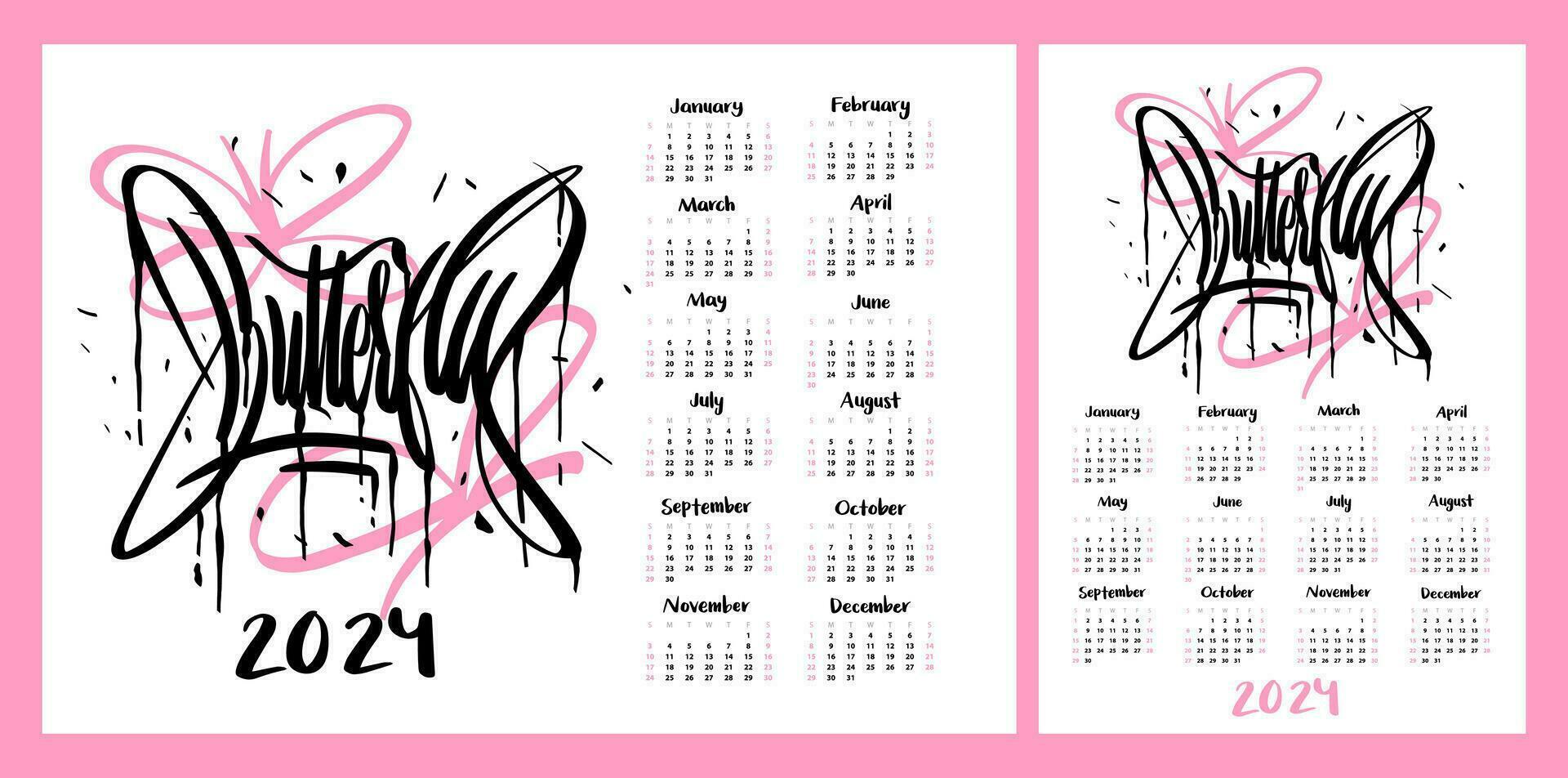 Calendar layout for 2024. Graffiti BUTTERFLY. Grunge style. 2k girl