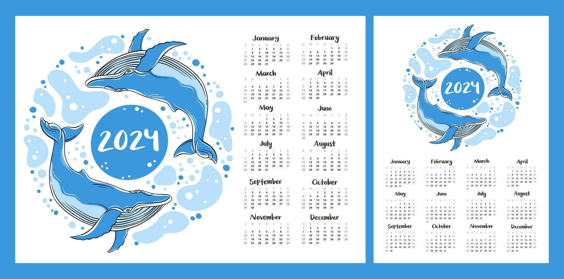 Calendar layout for 2024. Blue whales swim in the sea. Horizontal and vertical printing template vector