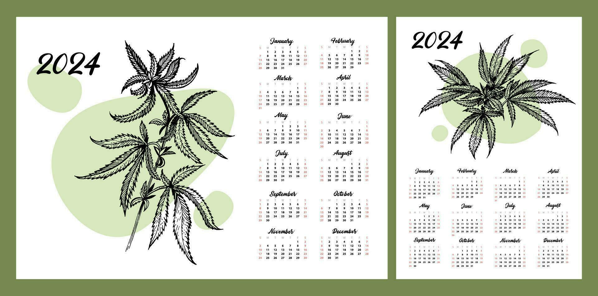 Calendar layout for 2024. Hemp leaves in the style of line art. A natural green plant. Botanical illustration vector