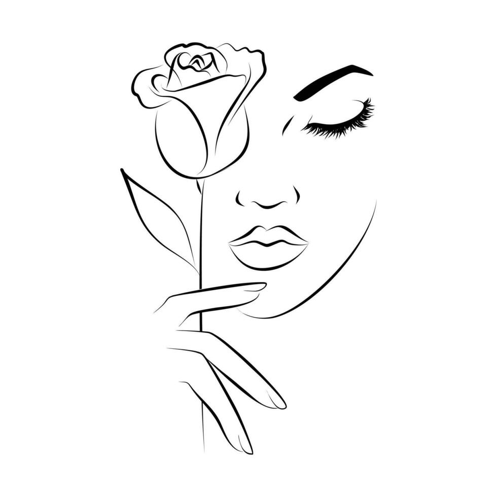 illustration of lady and with flower in hath in vector and vector minimalist