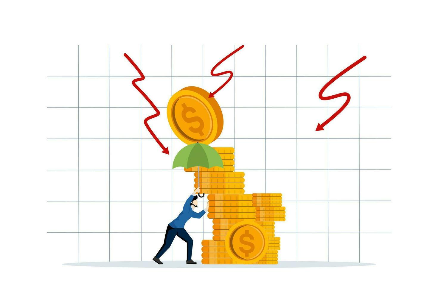 Financial crisis, Income protection, financial coverage, Wealth protection, investment asset allocation portfolio. money coins under umbrella, financial security. flat vector illustration.