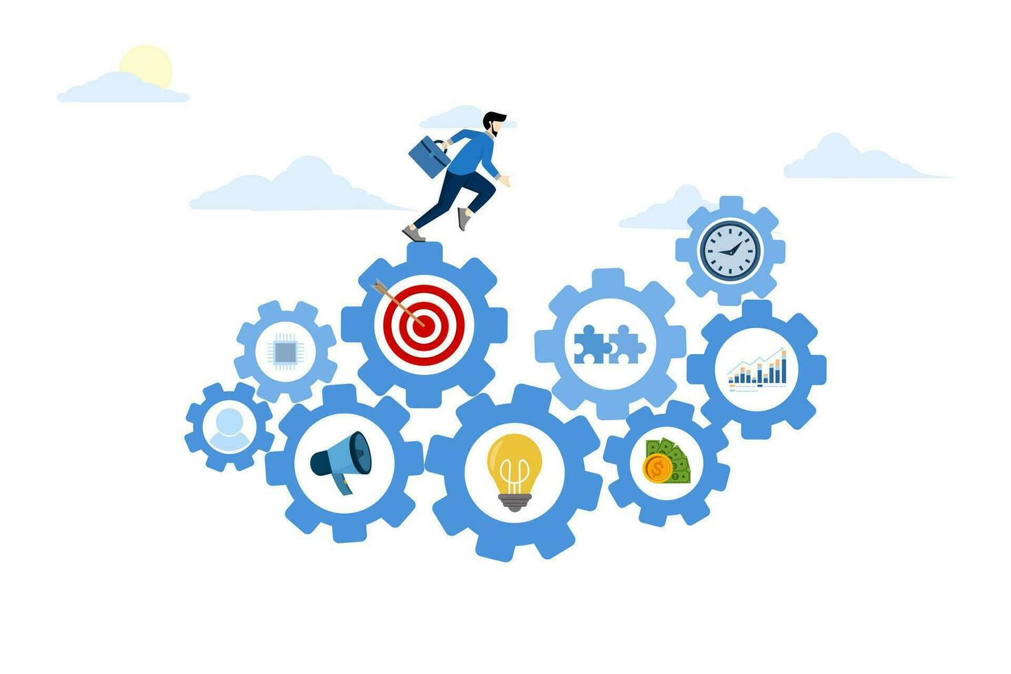 concept of project management or manager, work process or workflow to success, company operation, productivity or efficiency, strategy to achieve target, entrepreneur making use of workflow. vector