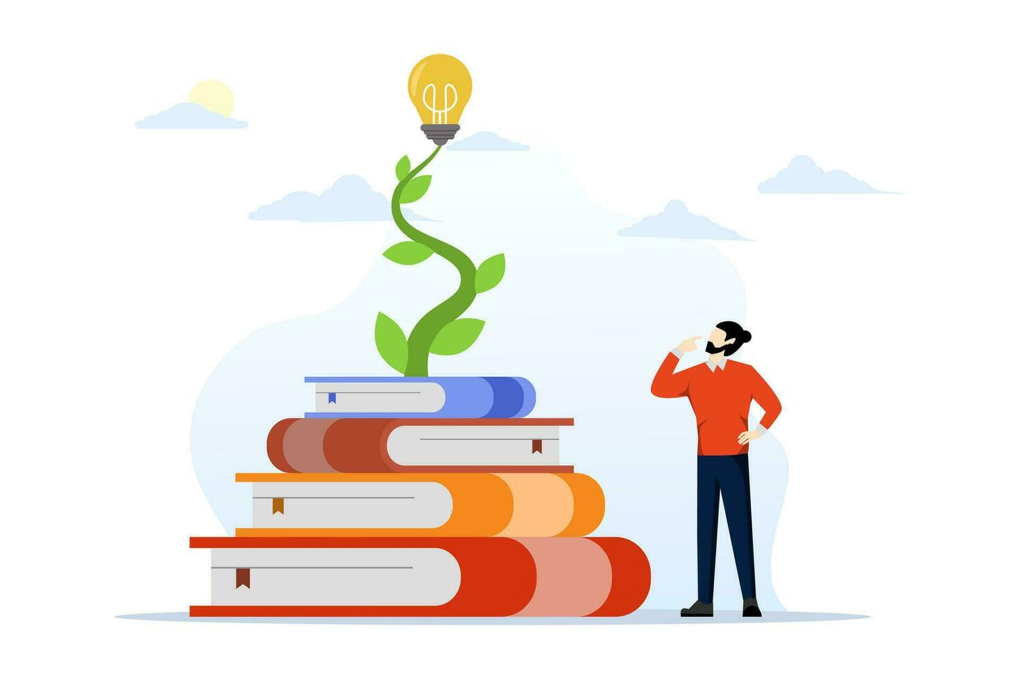 Knowledge, wisdom to create new ideas, creativity or innovation from reading books, education or learning new skills for success, library, smart young man with pile of books with light bulb plant. vector