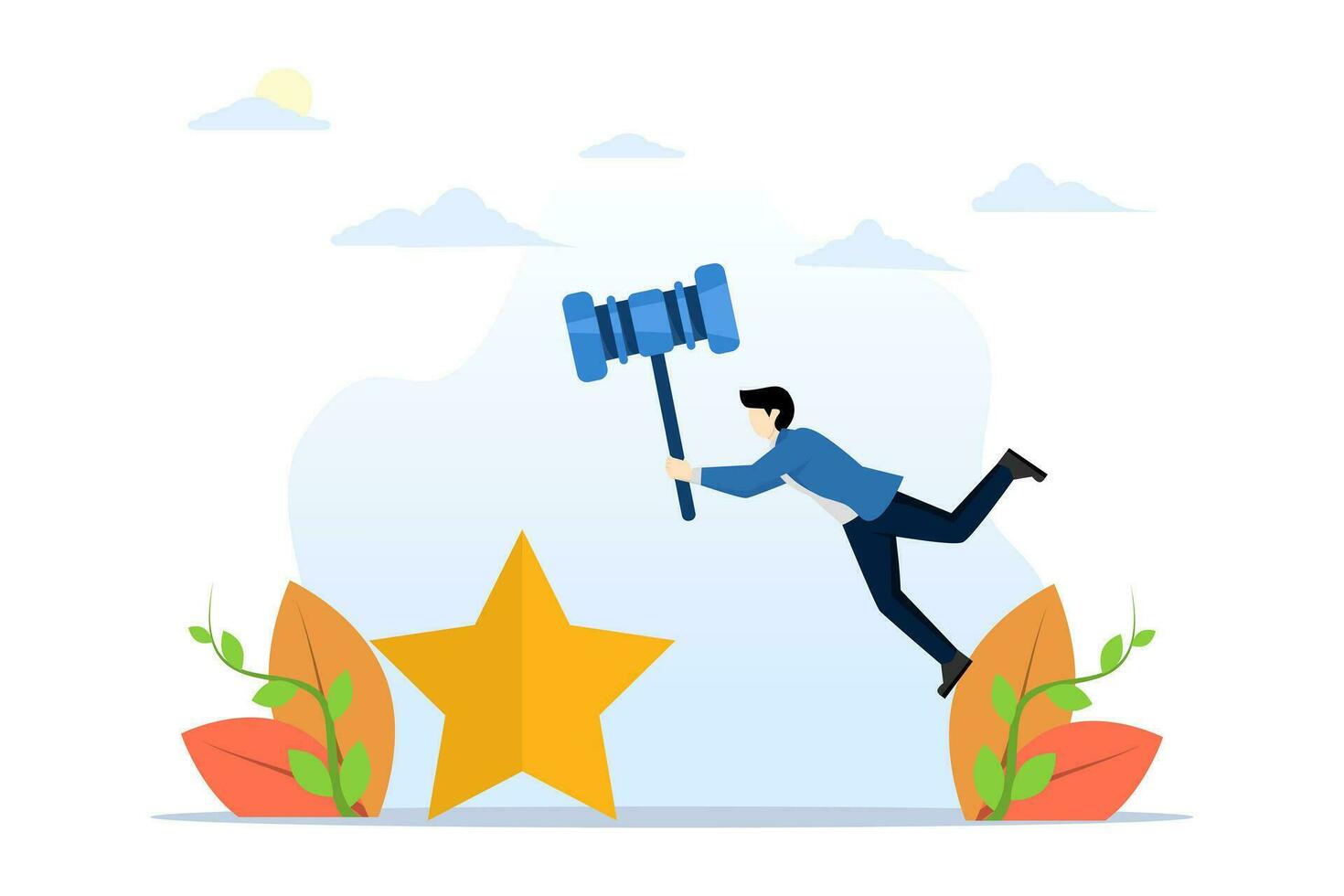 concept of lowered credit rating, lowered reputation, lowered trust or score, negative feedback, loss or reduction of credit score, businessman hitting star credit rating with sledgehammer. vector