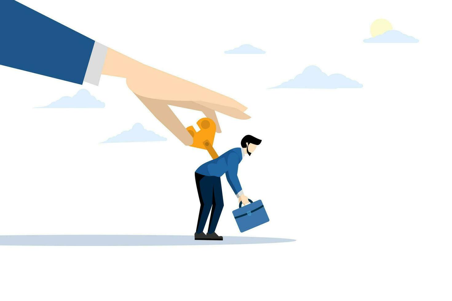 tired employee recharge concept, force or wind to stimulate or motivate tired people, big hand of manager turning wind key or winding clock to motivate businessman office worker. vector