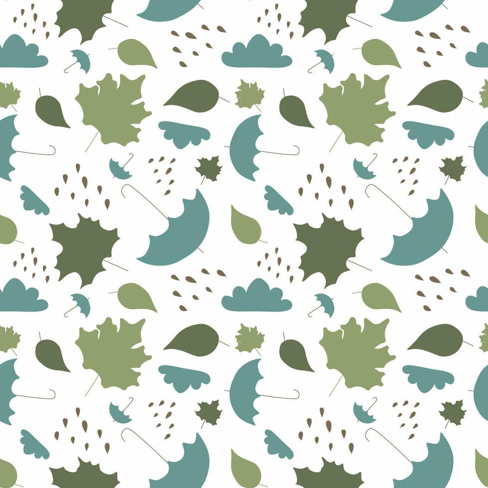 Seamless Autumn Rainy Flat pattern. Vector color illustration with Umbrella, Cloud, Rain, Leaves. Weather Cartoon background for Textile, Banner, Cover, Wrapping paper, Packaging.