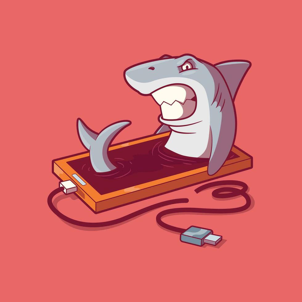 Shark character coming out of a Smartphone vector illustration. Tech, piracy, security design concept.