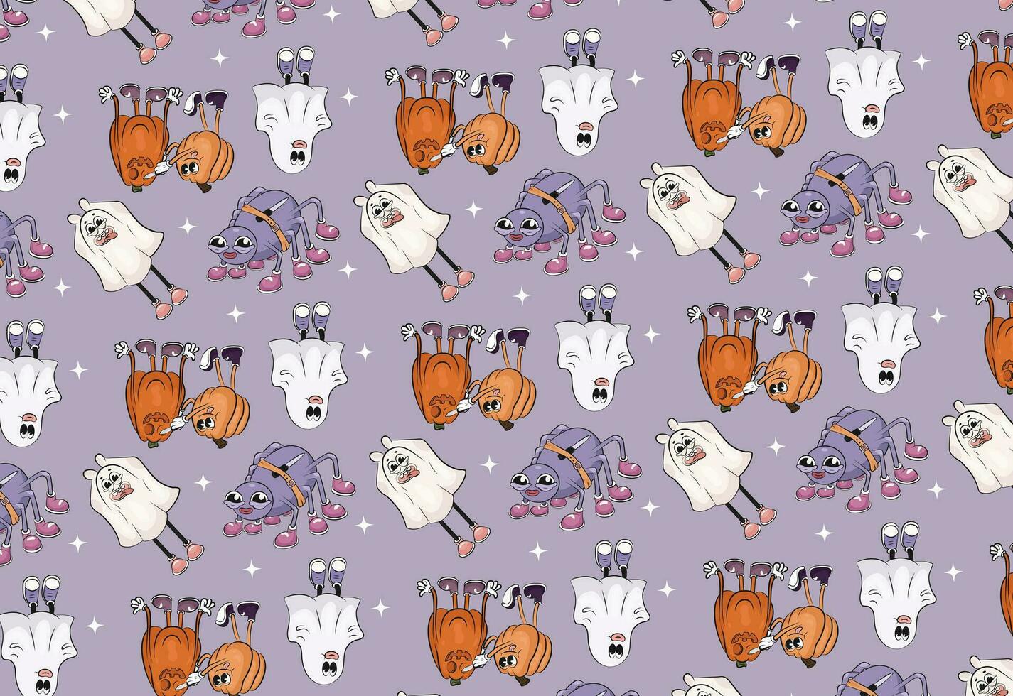 Cute pattern, seamless pattern with Halloween characters. Ghosts, pumpkins and a spider on a lavender light purple background. vector